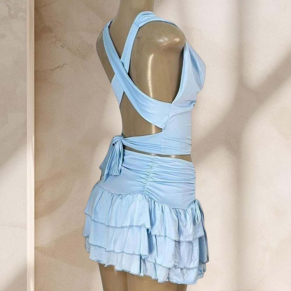 Baby Blue Two Piece Skirt Set – Halter Crop Top & Ruffle Mini Skirt Y2K Cute ✧ M - Picture 3 of 4
